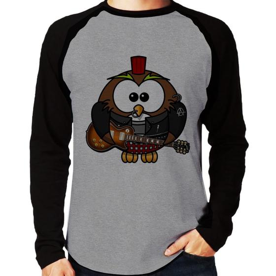 Imagem de Camiseta Raglan Coruja Rock Guitarra Manga Longa - Foca na Moda