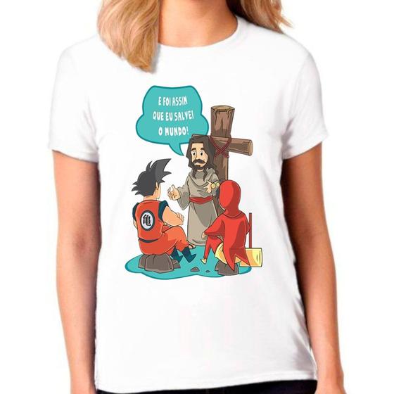 Imagem de Camiseta Raglan Feminina Branca Jesus Chapolin Goku 05