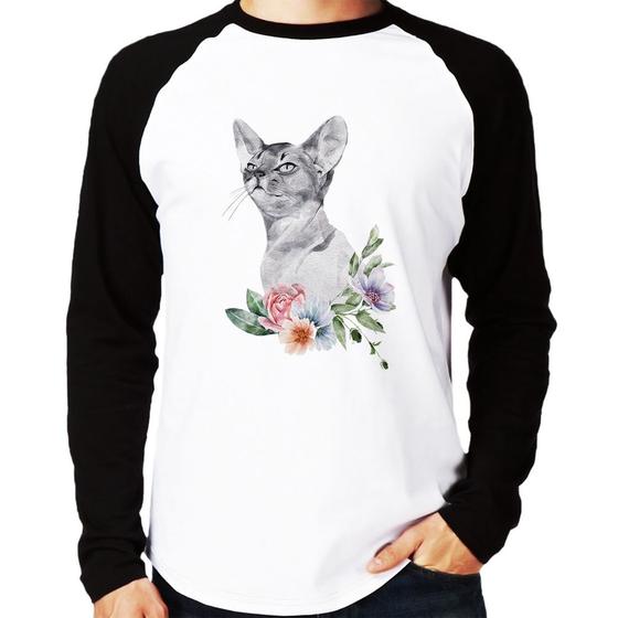 Imagem de Camiseta Raglan Gato e Flores Manga Longa - Foca na Moda