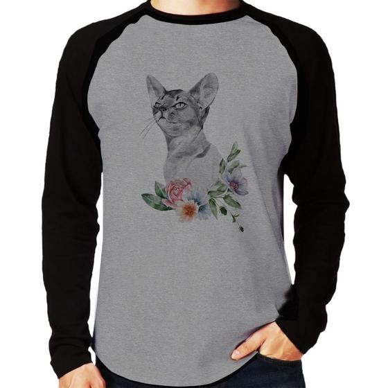 Imagem de Camiseta Raglan Gato e Flores Manga Longa - Foca na Moda