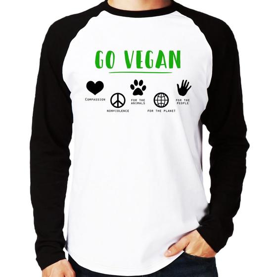 Imagem de Camiseta Raglan Go Vegan Símbolos Manga Longa - Foca na Moda
