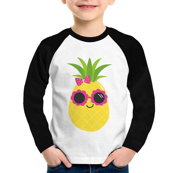 Imagem de Camiseta Raglan Infantil Abacaxi Óculos e Laço Manga Longa - Foca na Moda