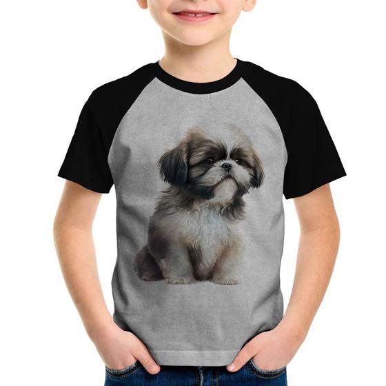 Imagem de Camiseta Raglan Infantil Cachorro Shih Tzu Filhote - Foca na Moda