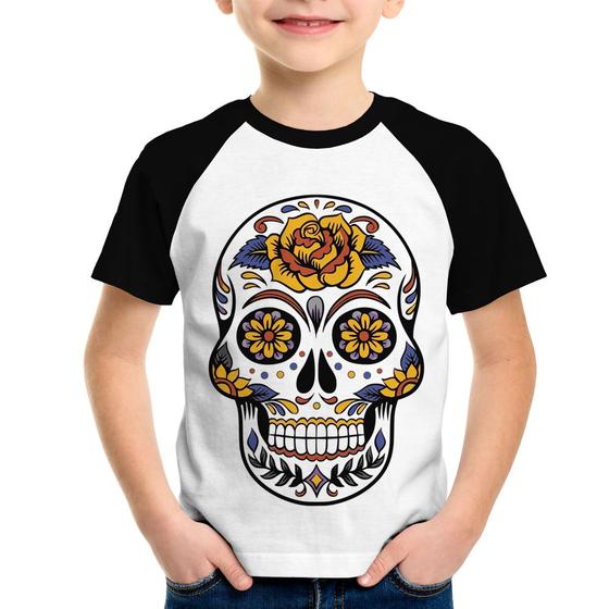 Imagem de Camiseta Raglan Infantil Caveira Mexicana - Foca na Moda