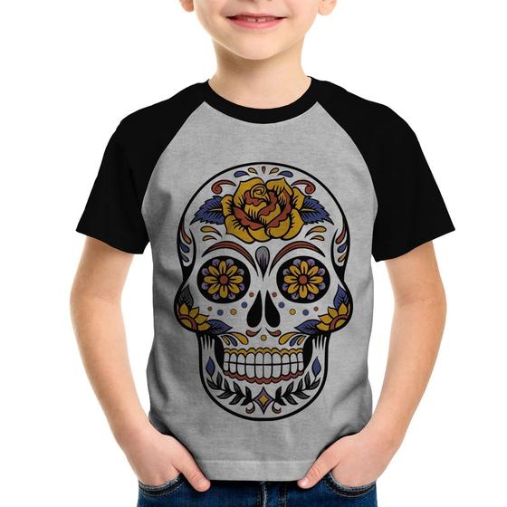 Imagem de Camiseta Raglan Infantil Caveira Mexicana - Foca na Moda