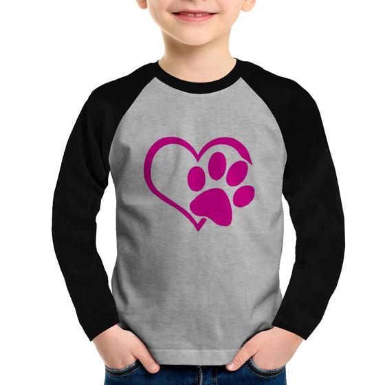 Imagem de Camiseta Raglan Infantil Coração Patinha Rosa Manga Longa - Foca na Moda