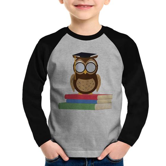 Imagem de Camiseta Raglan Infantil Coruja Estudante Manga Longa - Foca na Moda