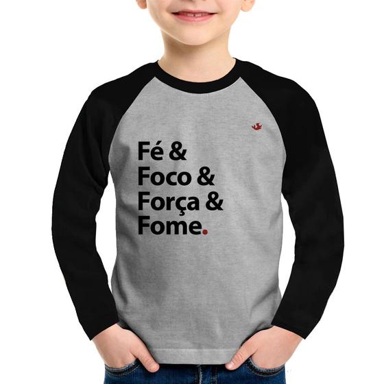 Imagem de Camiseta Raglan Infantil Fé & Foco & Força & Fome Manga Longa - Foca na Moda