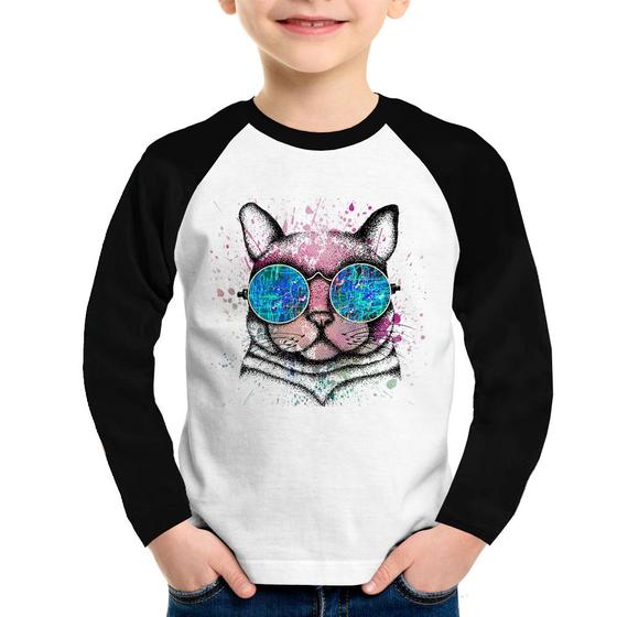 Imagem de Camiseta Raglan Infantil Gato de Óculos Psicodélico Manga Longa - Foca na Moda