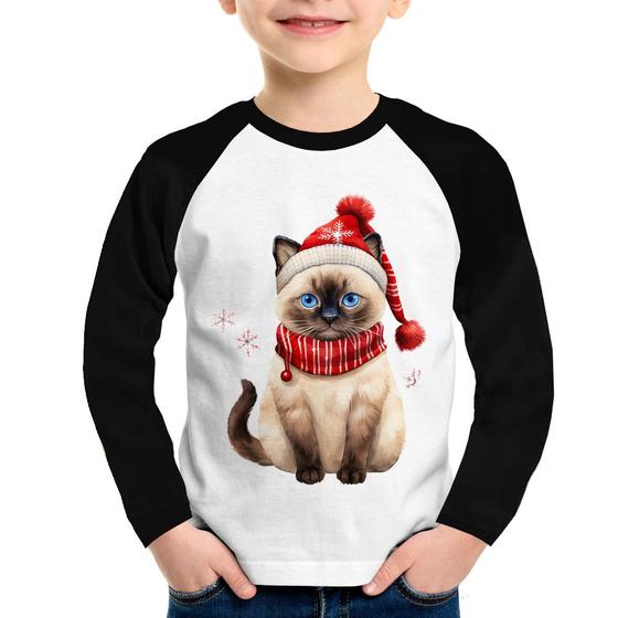 Imagem de Camiseta Raglan Infantil Gato Natalino Gorro e Cachecol Manga Longa - Foca na Moda