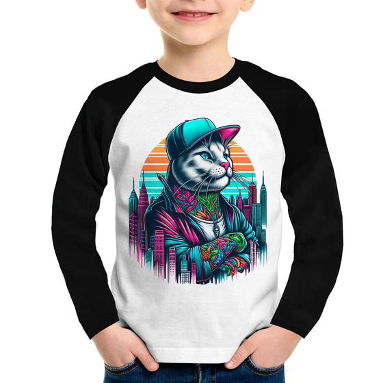 Imagem de Camiseta Raglan Infantil Gato Urbano Arte Manga Longa - Foca na Moda