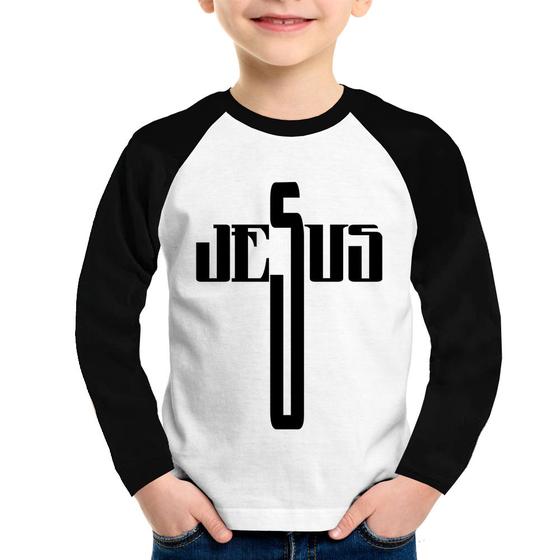 Imagem de Camiseta Raglan Infantil Jesus Cruz Manga Longa - Foca na Moda