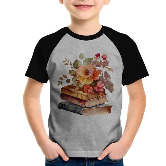 Imagem de Camiseta Raglan Infantil Livros e flores - Foca na Moda