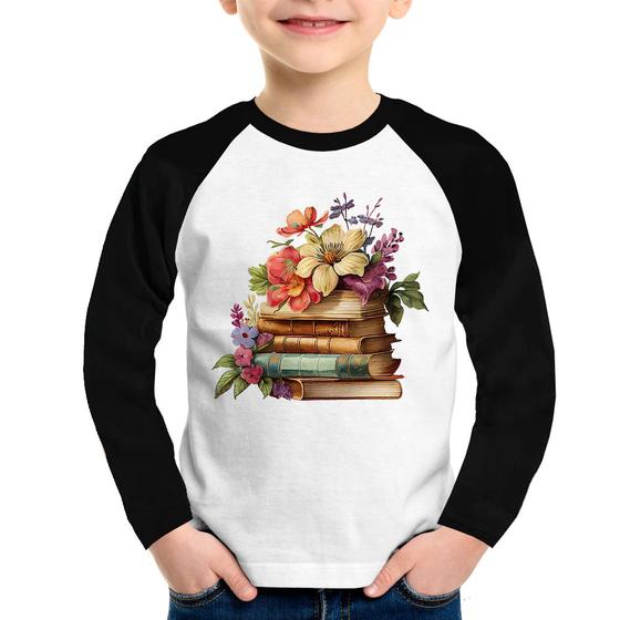 Imagem de Camiseta Raglan Infantil Livros e Flores Vintage Manga Longa - Foca na Moda