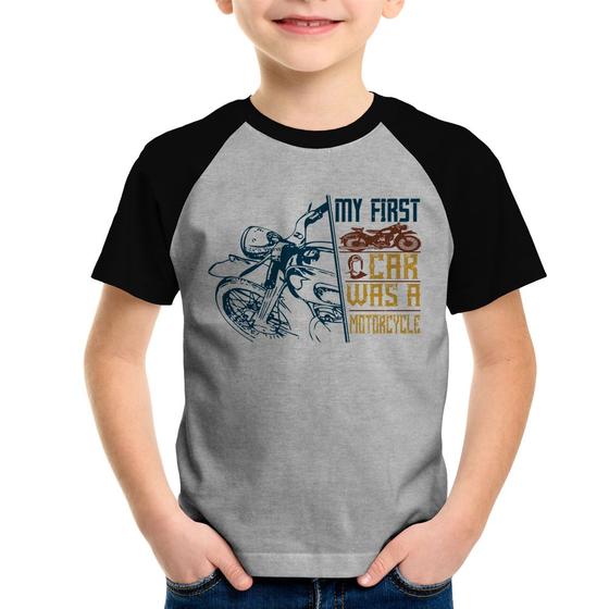 Imagem de Camiseta Raglan Infantil My First Car Was A Motorcycle - Foca na Moda