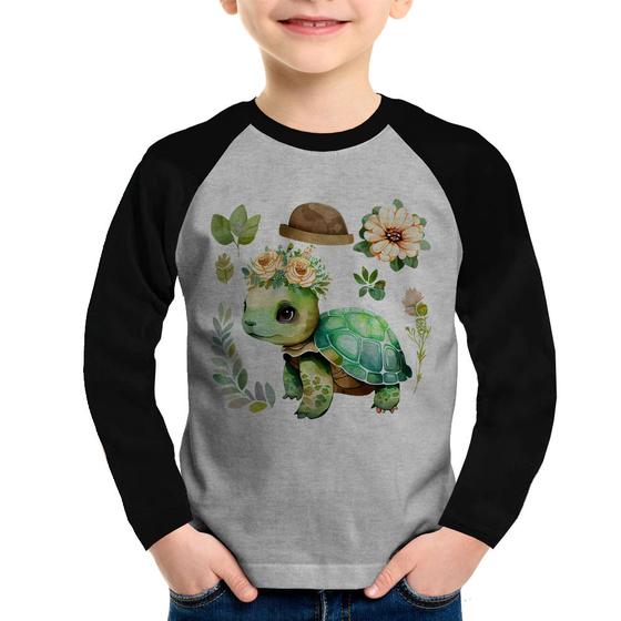 Imagem de Camiseta Raglan Infantil Tartaruga, flores e chapéu Manga Longa - Foca na Moda