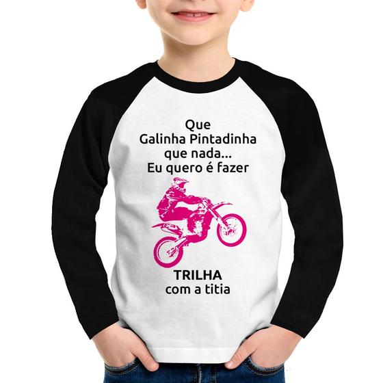 Imagem de Camiseta Raglan Infantil Trilha com a titia (moto rosa) Manga Longa - Foca na Moda