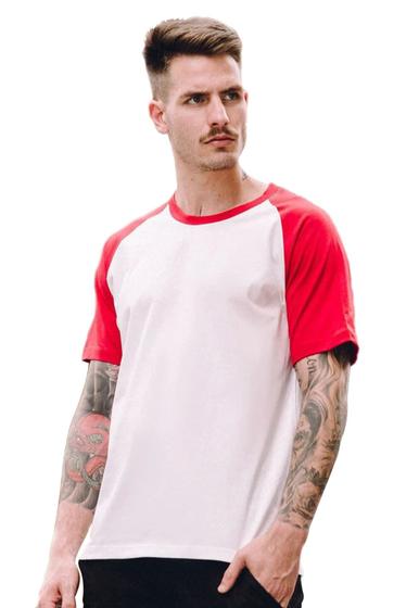 Camiseta Raglan Lisa Branca e Vermelho Menor preço em Camiseta Raglan Lisa Branca e Vermelho
