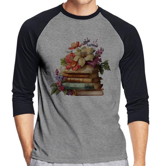 Imagem de Camiseta Raglan Livros e Flores Vintage Manga 3/4 - Foca na Moda