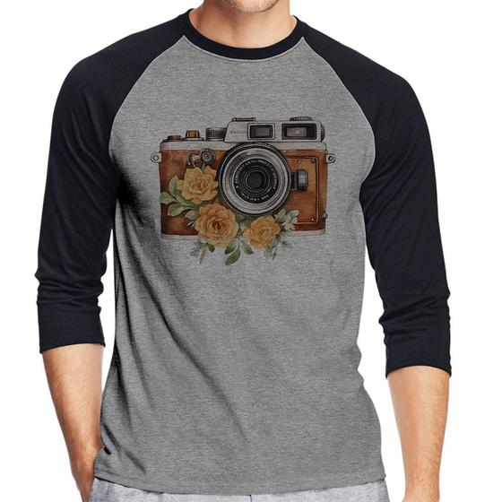 Imagem de Camiseta Raglan Máquina Fotográfica Vintage e Flores Manga 3/4 - Foca na Moda