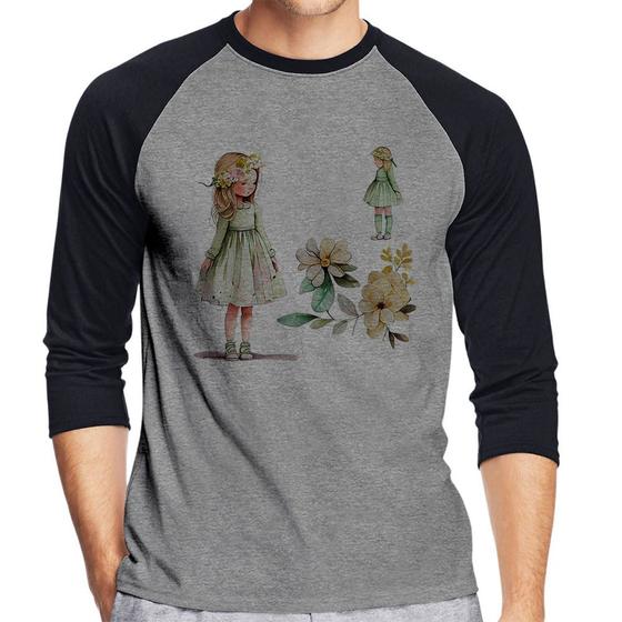 Imagem de Camiseta Raglan Meninas e Flores Manga 3/4 - Foca na Moda