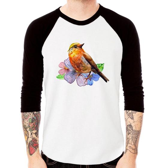 Imagem de Camiseta Raglan Pássaro e Flores Manga 3/4 - Foca na Moda