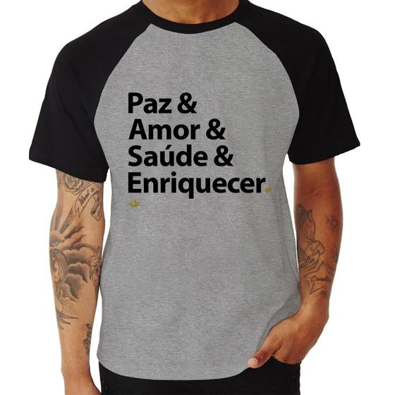 Imagem de Camiseta Raglan Paz & Amor & Saúde & Enriquecer - Foca na Moda