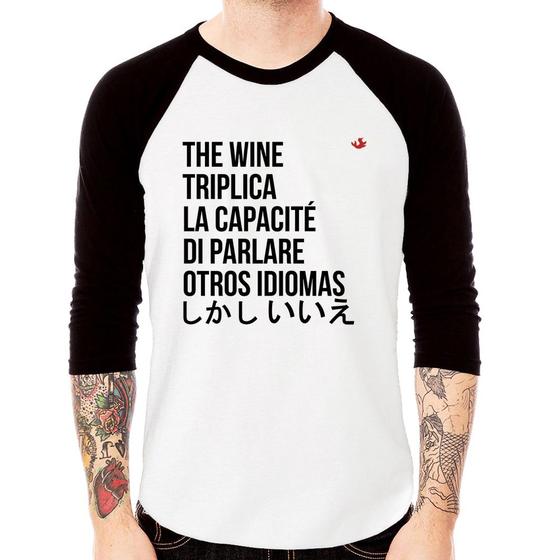 Imagem de Camiseta Raglan The wine triplica la capacité di parlare otros idiomas Manga 3/4 - Foca na Moda