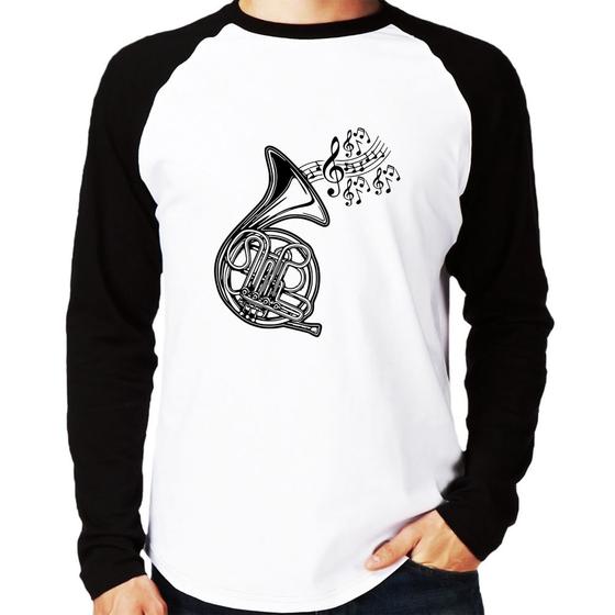 Imagem de Camiseta Raglan Trompa Notas Musicais Manga Longa - Foca na Moda