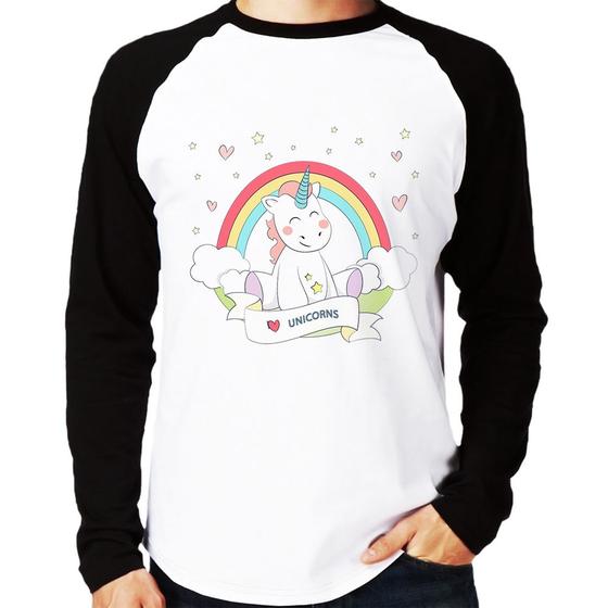 Imagem de Camiseta Raglan Unicórnio Arco Íris Manga Longa - Foca na Moda