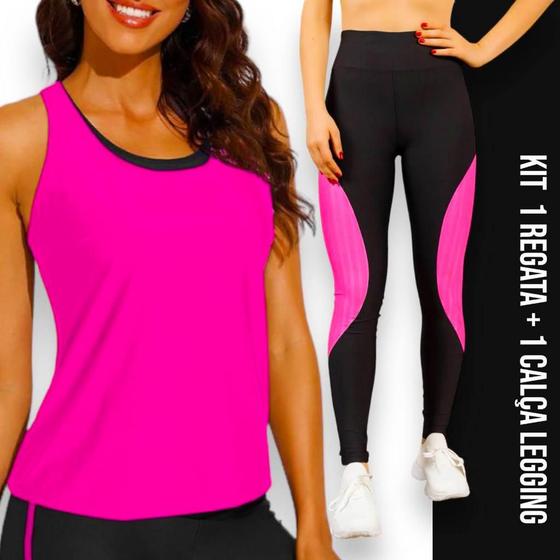 Imagem de Camiseta REGATA DRY FIT Tecido furadinho + Calça LEG LEGGING REDINHA Conjunto Fitness Feminino 631