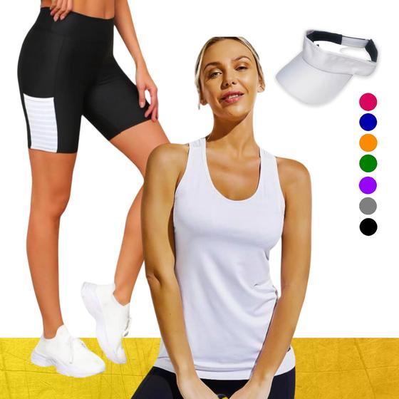 Imagem de Camiseta REGATA DRY Tecido Furadinho + SHORT Legging COM BOLSOS + VISEIRA DRY Conjunto Fitness 1004