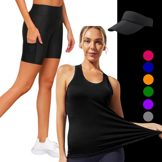 Imagem de Camiseta REGATA DRY Tecido Furadinho + SHORT Legging COM BOLSOS + VISEIRA DRY Conjunto Fitness 1004