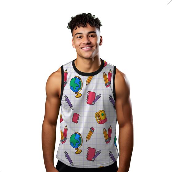 Imagem de Camiseta Regata Verão Estilo Moda Praia Escola Lápis Globo Caneta Material 834