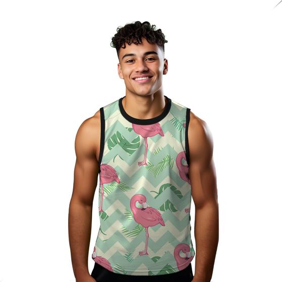 Imagem de Camiseta Regata Verão Estilo Moda Praia Flamingos Cartoon Folhas Natureza 1795