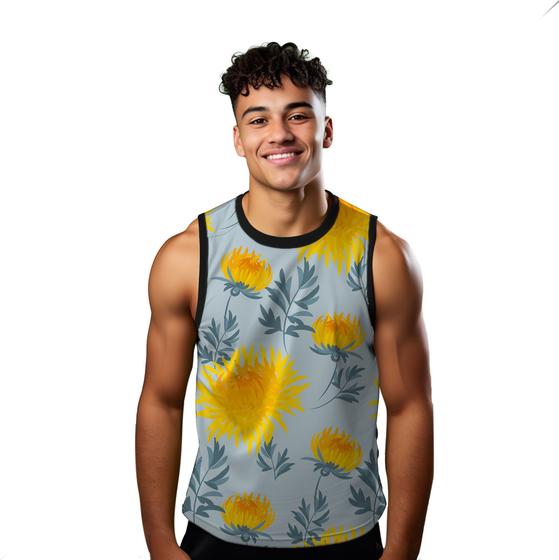 Imagem de Camiseta Regata Verão Estilo Moda Praia Flores Cartoon Amarelo Arte 1356