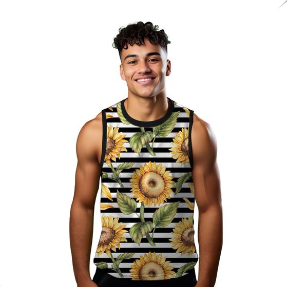 Imagem de Camiseta Regata Verão Estilo Moda Praia Girassol Xadrez Listras Flor 1431