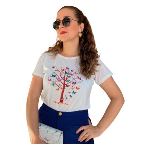 Imagem de Camiseta T Shirt Branco Feminina Arvore e Borboletas