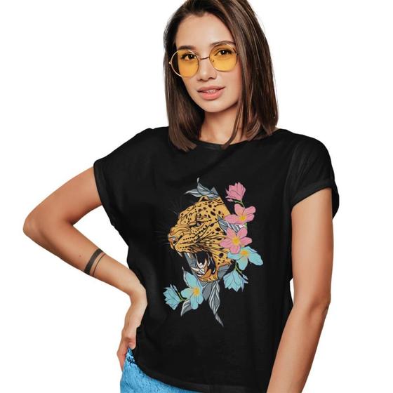 Imagem de Camiseta T-Shirt Feminina Algodão Manga Curta Leopard Floral