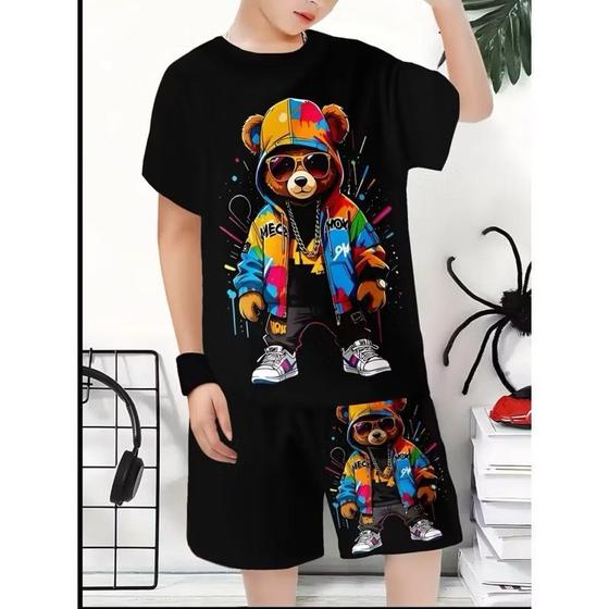 Imagem de CamisetaT-Shirt Algodão Urso Estampado unissex Premium + Short Tactel Casual