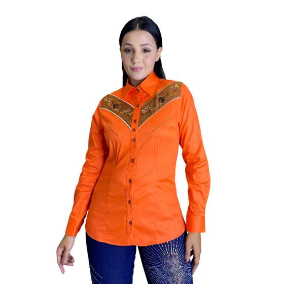 Imagem de Camisete Feminina Manga Longa Laranja Recorte com Suede-Os Vaqueiros 