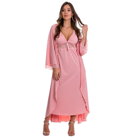 Imagem de Camisola Amamentação Gestante Longa com Robe Luxo Pijama Maternidade Moda de Baixo - ES216-219