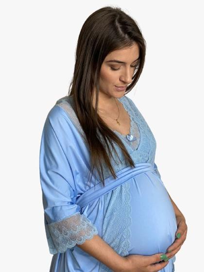 Imagem de Camisola Amamentação + Robe Gestante Luxo Maternidade Pós-parto