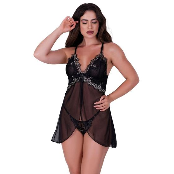 Imagem de Camisola com Calcinha sem Bojo Tule Transparente Bicolor- OLÍVIA
