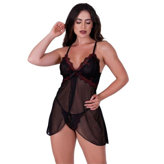 Imagem de Camisola com Calcinha sem Bojo Tule Transparente Bicolor- OLÍVIA
