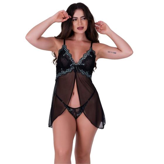 Imagem de Camisola com Calcinha sem Bojo Tule Transparente Bicolor- OLÍVIA