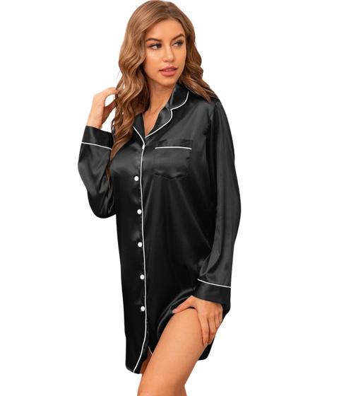 Imagem de Camisola Feminina Americana Chemise Angelitta Manga Longa - Preto