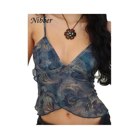 Imagem de Camisola Feminina Sexy Transparente Com Decote Em V Sem Mangas Patchwork Malha Estampada Colete