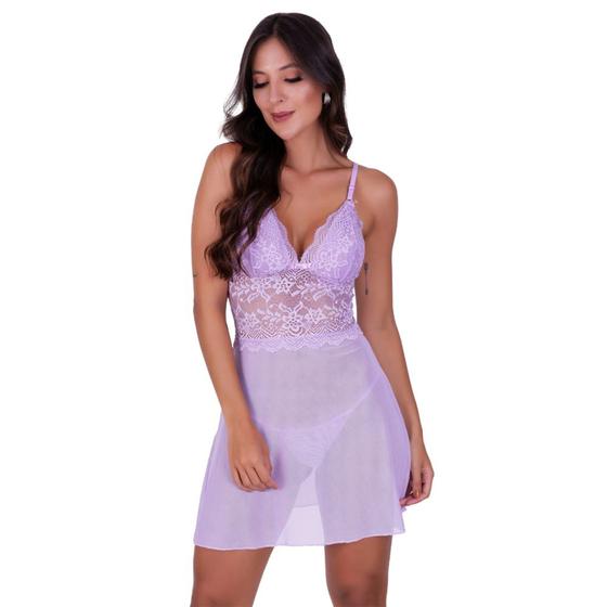 Imagem de Camisola sem Bojo com Detalhe Renda Calcinha Tule Transparente -c4 JOANA