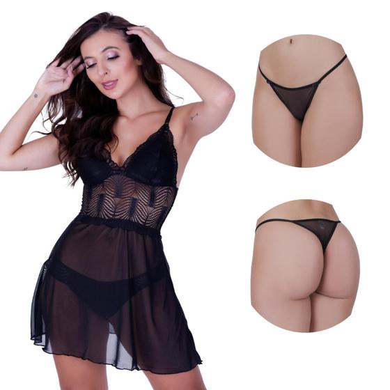 Imagem de Camisola sem Bojo com Detalhe Renda Calcinha Tule Transparente -c4 JOANA